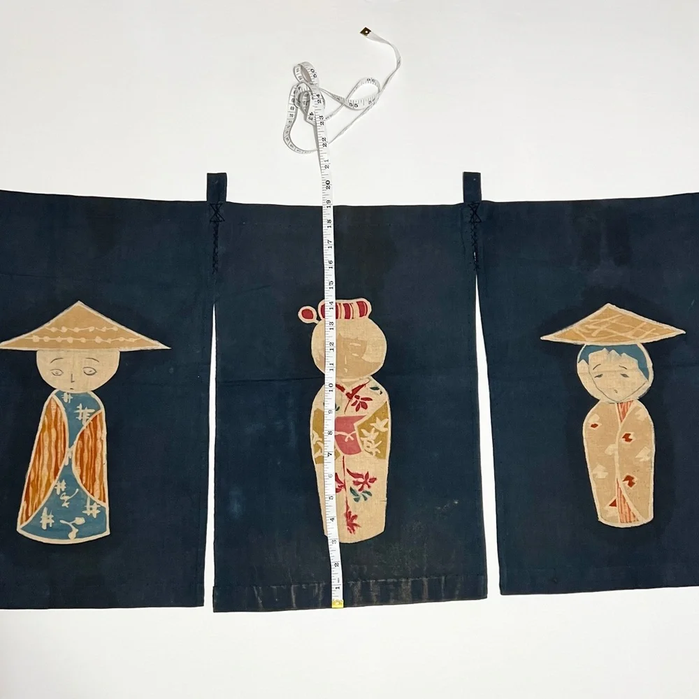 Vintage Noren Japanese Door Curtain Figures Dolls Navy Blue Traditional Textile - Picture 7 of 8